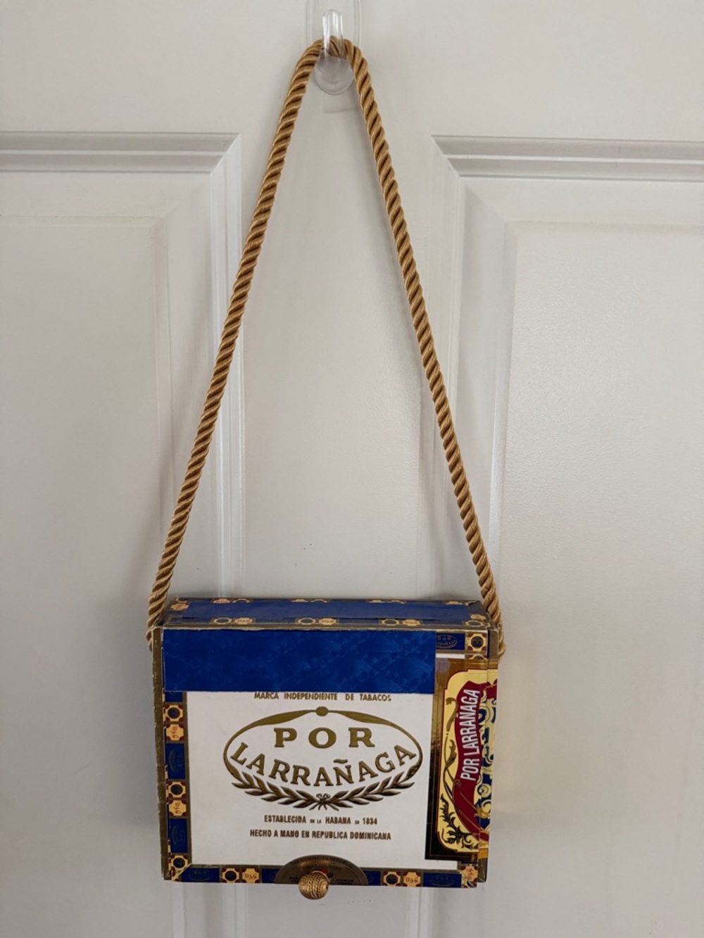 Por Larrañaga Blue & White Box Crossbody Bag with Gold Rope Strap